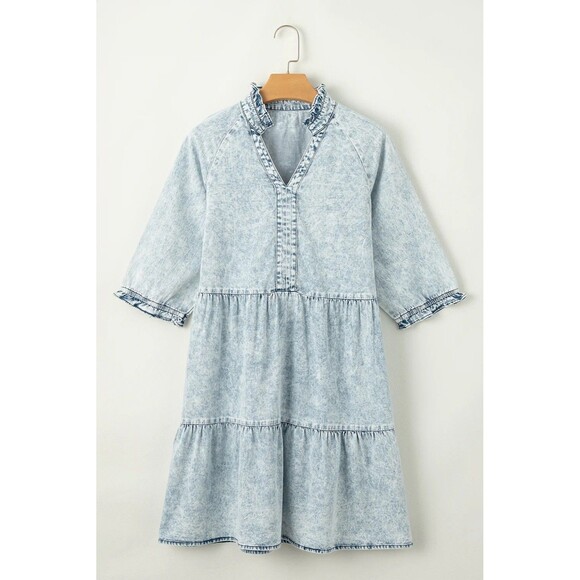 Acid Wash Retro Short Sleeve Flared Babydoll Style Denim Dress Ruffle Size XL - Picture 1 of 5